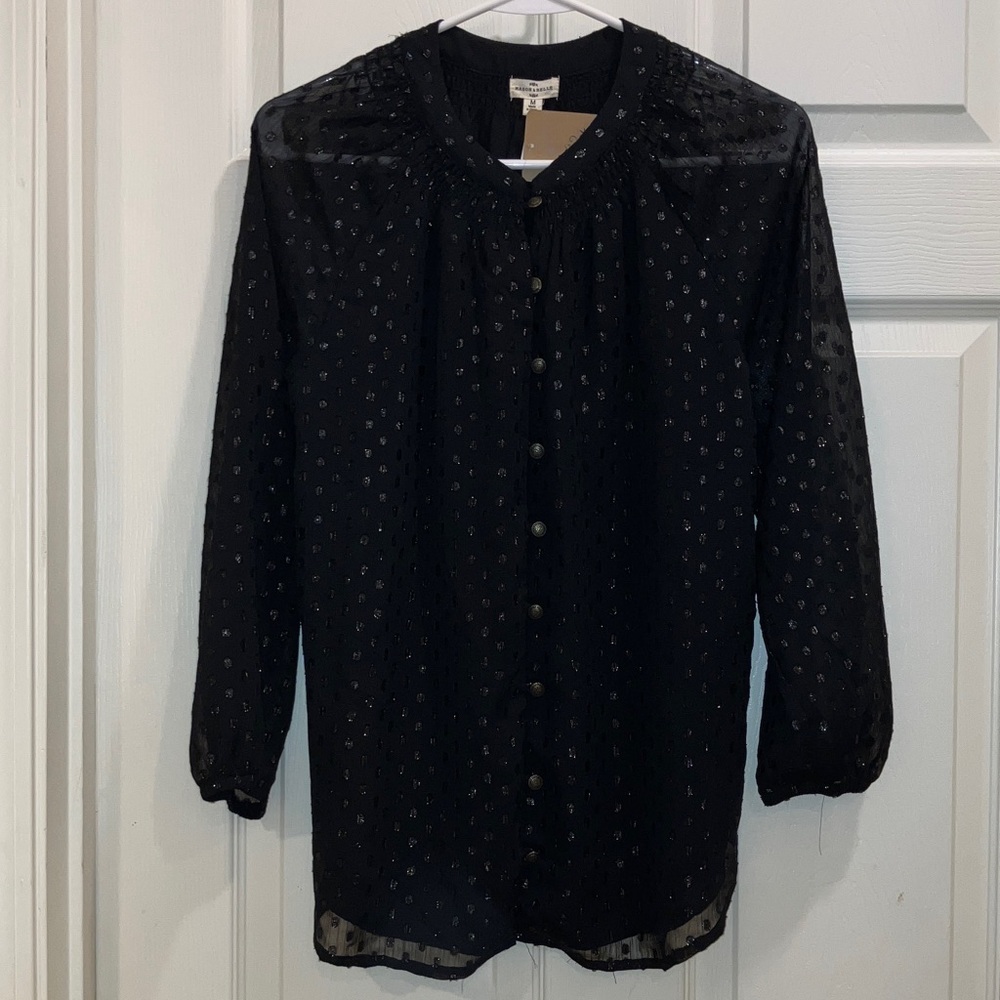 Mason & Belle Black Foil Shimmer Dot Button Blouse Women’s Lined Long Sleeve